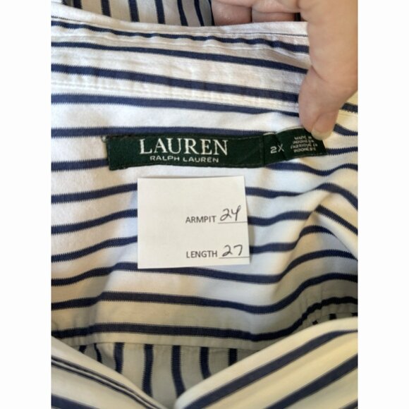 Lauren Ralph Lauren Women’s 2X Button Up Stripe Top White Blue Nautical Office - Picture 2 of 8